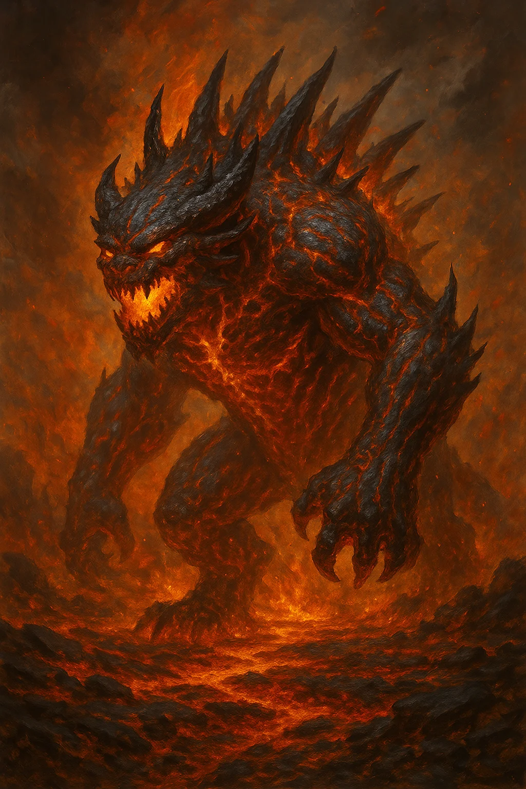 Infernal Behemoth, a towering creature of cracked black rock and molten fire